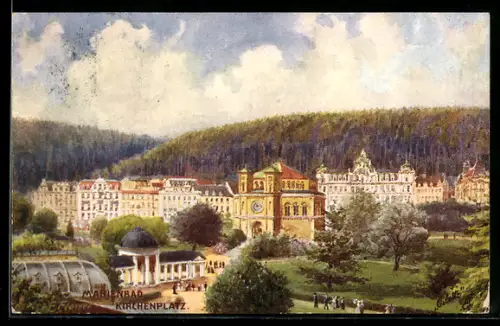 Künstler-AK Marienbad, Kirchenplatz mit kathol. Kirche und Hotel Weimar