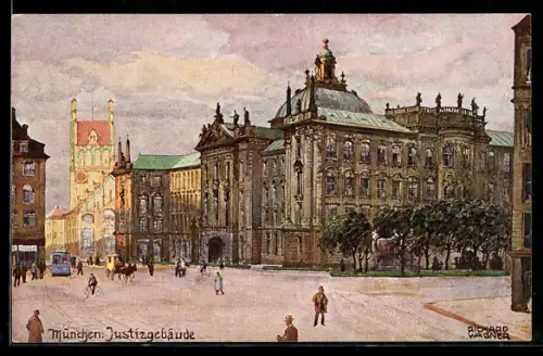 Künstler-AK Richard Wagner: München, Justizgebäude, Strassenbahn, Postkutsche