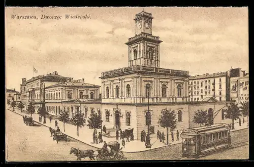 AK Warschau, Wiener Bahnhof mit Strassenbahn