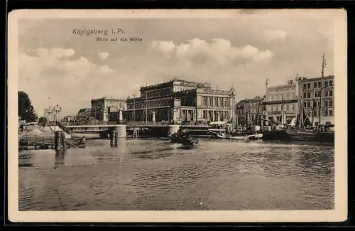 AK Königsberg, Blick auf die Börse, Brücke und Schiffe