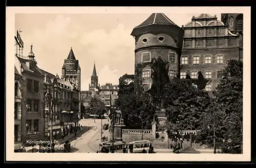 AK Königsberg i. Pr. Kaiser-Wilhelm-Platz mit Geschäft und Strassenbahn