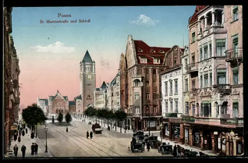 AK Posen / Poznan, St. Martinstrasse und Schloss im Abendrot