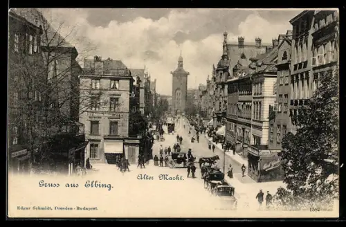 AK Elbing, Alter Markt mit Kutschen