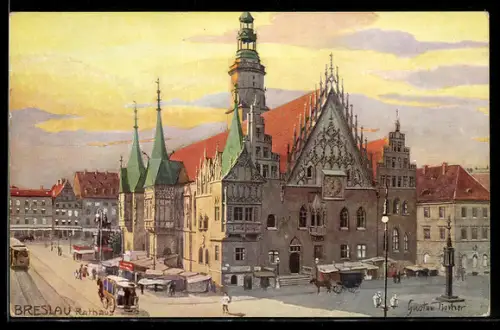 Künstler-AK Breslau, Rathaus im abendlichen Licht
