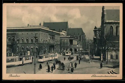AK Breslau, Schweidnitzerstrasse mit Strassenbahnen