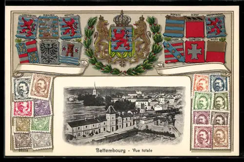 AK Bettembourg, Bahnhof, Briefmarken, Wappen