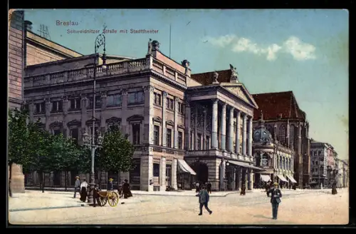 AK Breslau, Schweidnitzer Strasse mit Stadttheater