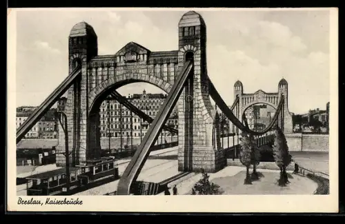 AK Breslau, Kaiserbrücke, Strassenbahn