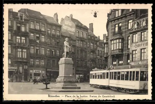 AK Bruxelles, Place de la Justice, Statue de Gendebien, Strassenbahn