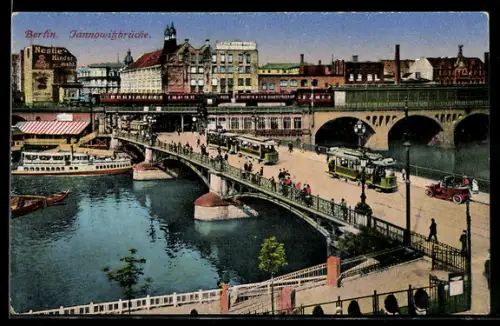 AK Berlin, Jannowitzbrücke, Fluss, Strassenbahn, Schiffe