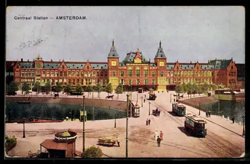 AK Amsterdam, Strassenbahnen an der Centraal Station