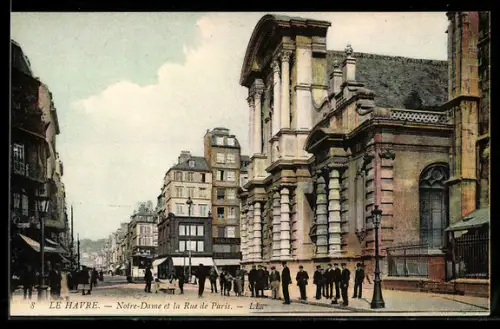 AK Le Havre, Notre-Dame et la Rue de Paris, Strassenbahn
