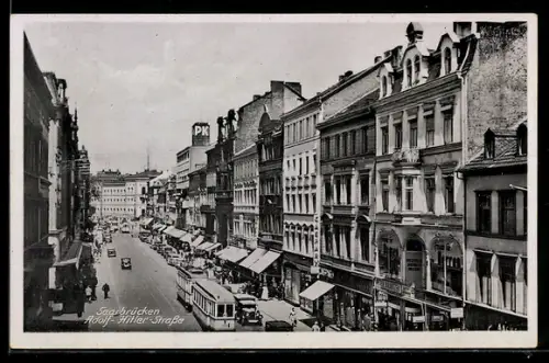AK Saarbrücken, Strasse mit Strassenbahn, Geschäfte