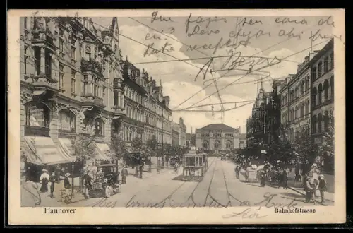 AK Hannover, Bahnhof am Ende der Bahnhofstrasse, Strassenbahn, Geschäfte