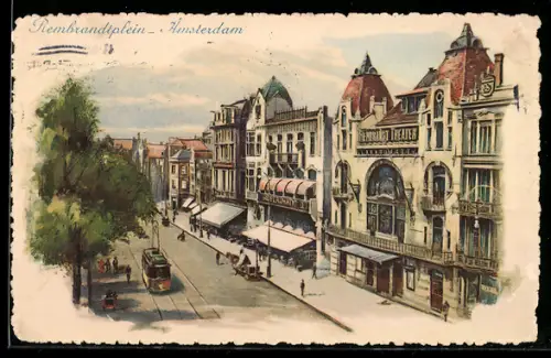 Künstler-AK Amsterdam, Rembrandtplein, Strassenbahn