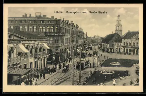 AK Libau, Rosenplatz und Grosse Strasse, Strassenbahn, Litfasssäule, Pferdekutsche