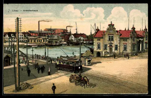 Lithographie Libau, Arbeiterhaus mit Strassenbahn und Schiffen