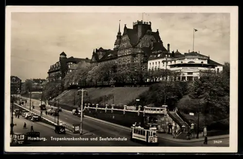 AK Hamburg, Tropenkrankenhaus und Seefahrtschule mit Strassenbahn