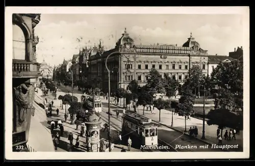 AK Mannheim, Planken mit Hauptpost, Strassenbahn