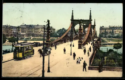 AK Mannheim, Strassenbahn auf der Friedrichsbrücke