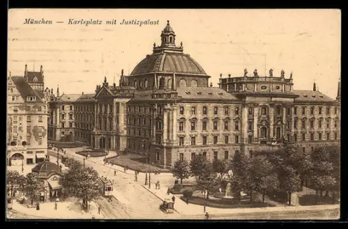 AK München, Partie am Karlsplatz mit Justizpalast und Parkanlage, Strassenbahn