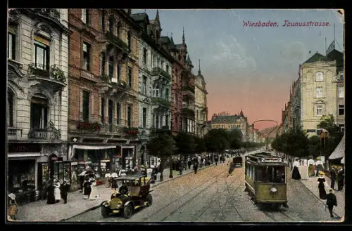 AK Wiesbaden, Taunusstrasse mit Strassenbahn