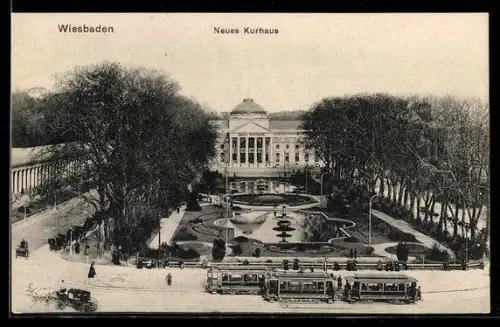 AK Wiesbaden, Neues Kurhaus, Strassenbahnen