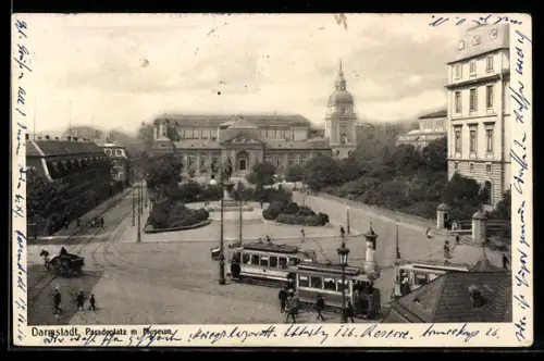 AK Darmstadt, Paradeplatz mit Museum und Strassenbahnen