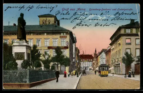 AK Mainz, Gutenberg-Denkmal und Ludwigstrasse mit Strassenbahn und Passanten