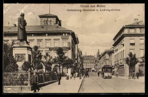 AK Mainz, Gutenberg-Denkmal und Ludwigstrasse mit Strassenbahn und Passanten
