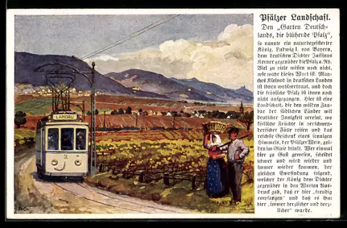 Künstler-AK Landau, Pfälzer Oberlandbahn, Strassenbahn