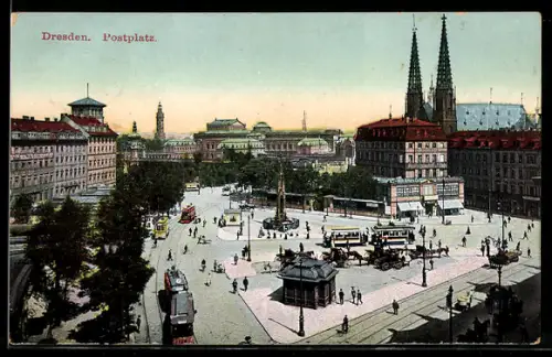 AK Dresden, Postplatz mit Strassenbahnen