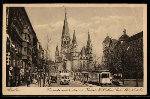 AK Berlin-Charlottenburg, Tauentzienstrasse mit Kaiser Wilhelm-Gedächtniskirche, Strassenbahn, doppelstöckiger Bus