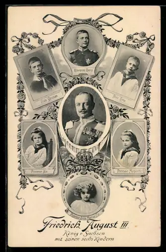 AK Friedrich August III. von Sachsen mit seinen 6 Kindern, Prinzen Christian und Ernst, Kronprinz Georg, Prinzessinen