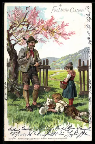 Künstler-Lithographie E. Döcker: Fröhliche Ostern!, Vater mit Kindern und Kaninchen