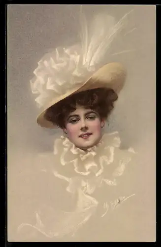 Künstler-Lithographie M. Munk Nr. 433: Junge Dame mit Hut