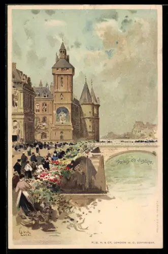 Lithographie Paris, Palais de Justice et promenade animée le long de la Seine