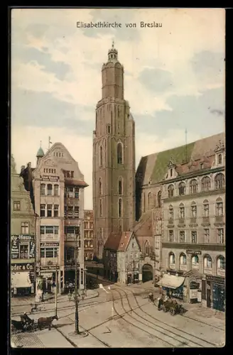 AK Breslau, Strassenpartie mit der Elisabethkirche