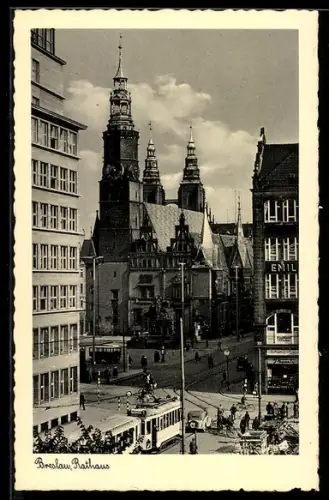 AK Breslau, Rathaus mit Strassenbahn
