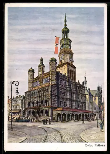AK Posen-Poznan, Rathaus mit -Fahne