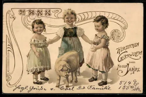 Lithographie Drei Mädchen mit einem Schwein