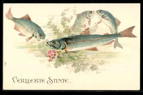 AK Fische, Verliebte Stinte mit Blumen