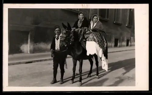 Foto-AK Zwei Bäuerinnen auf einem Maultier mit Führer