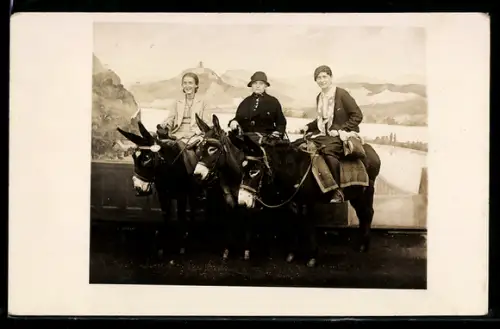 Foto-AK Drachenfels, Drei Touristinnen auf Eseln vor Rheinpanorama, 1933