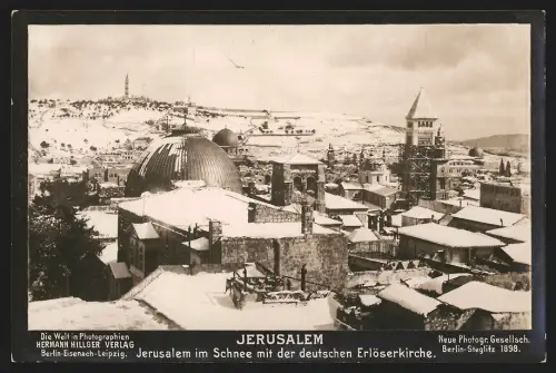 Fotografie N. P. G., Ort unbekannt, Ansicht Jerusalem, Ansicht im Schnee mit deutscher Erlöserkirche, Jaffathor, Oelberg