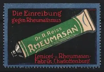 Reklamemarke Charlottenburg, Dr. R. Reiss, Rheumasan, Salbe gegen Rheumatismus, Salbentube