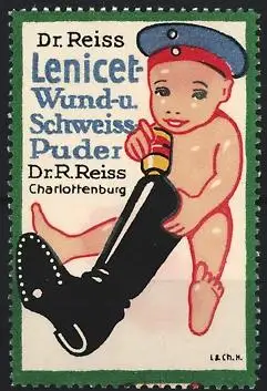 Reklamemarke Charlottenburg, Dr. R. Reiss, Lenicet Wund-u. Schweiss Puder, Baby mit Flasche