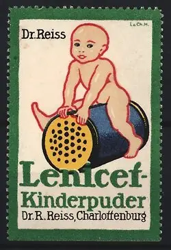 Reklamemarke Charlottenburg, Dr. R. Reiss, Lenicet-Kinderpuder, spielendes Baby auf Puderflasche
