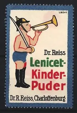 Reklamemarke Charlottenburg, Dr. R. Reiss, Lenicet-Kinderpuder, Musikant mit Horn