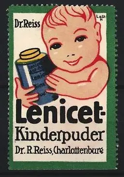 Reklamemarke Charlottenburg, Dr. R. Reiss, Lenicet-Kinderpuder, lächelndes Baby